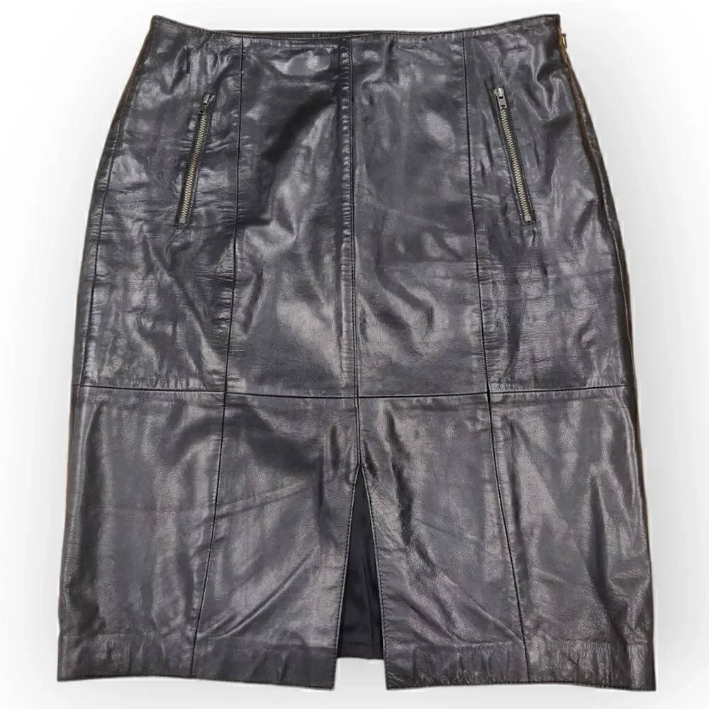 Halogen black genuine leather classic pencil sexy skirt size 6